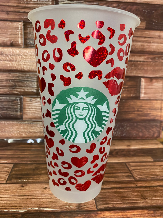 Starbucks Cup With Lips, Hearts and Cheetah Print Wrap